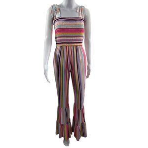 70s Style Retro Groovy Rainbow Striped Womens S Wide Leg Jumpsuit Smocked Romper